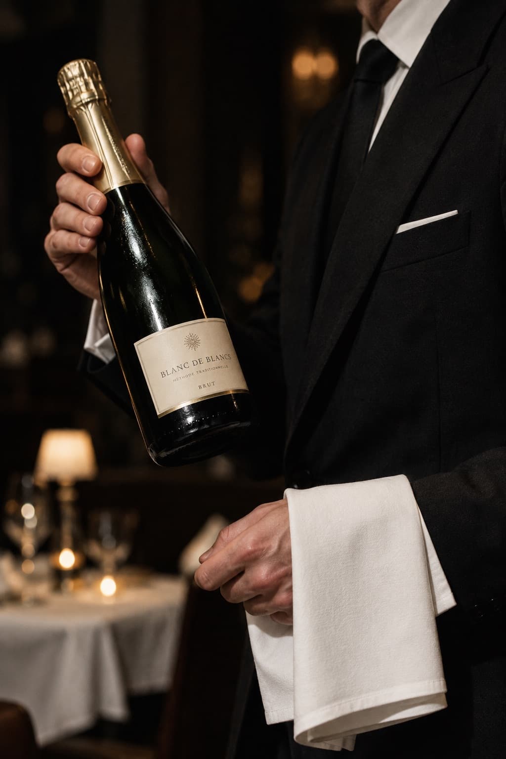 Een sommelier in pak houdt in een restaurant een fles mousserende wijn vast, met een witte doek over zijn andere hand
