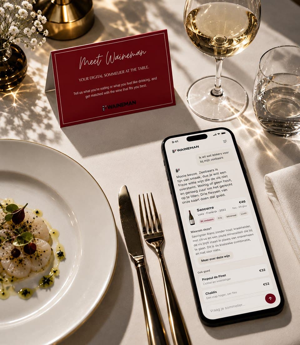 Een telefoon met wijnadvies naast een tafelkaartje met QR-code op een gedekte tafel