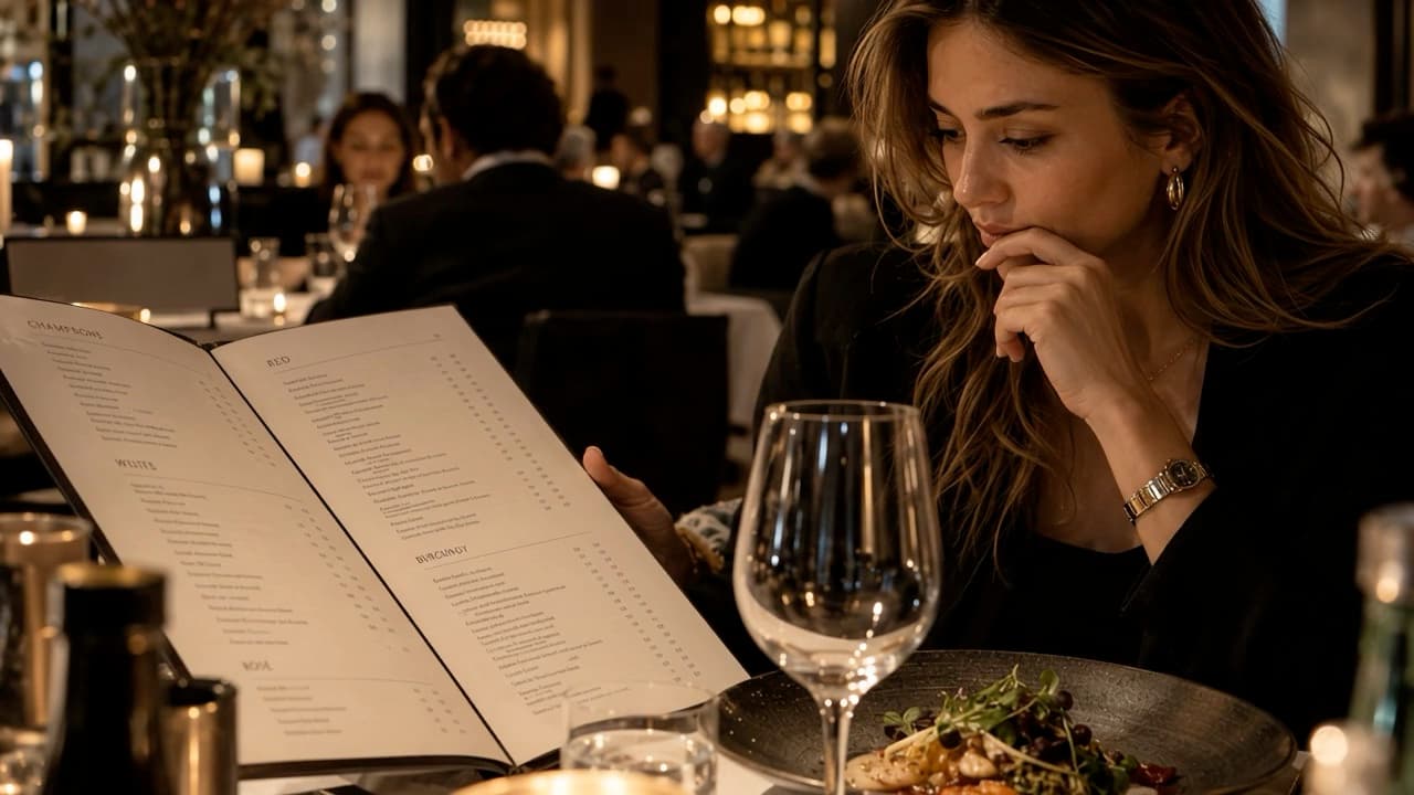 Een gast leest in een restaurant een gedrukte wijnkaart, met een leeg wijnglas en een bord voor zich