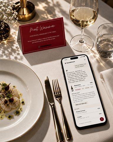 Een telefoon met wijnadvies naast een bord en een tafelkaartje van WAINEMAN