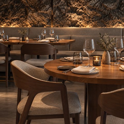 Gedekte tafels in een restaurant met warm licht